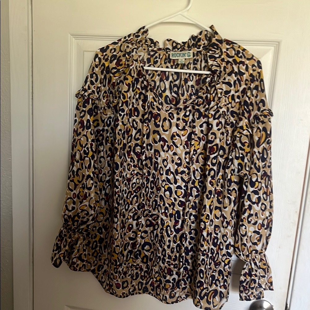 Leopard Print Ruffled 3/4 Sleeve Blouse